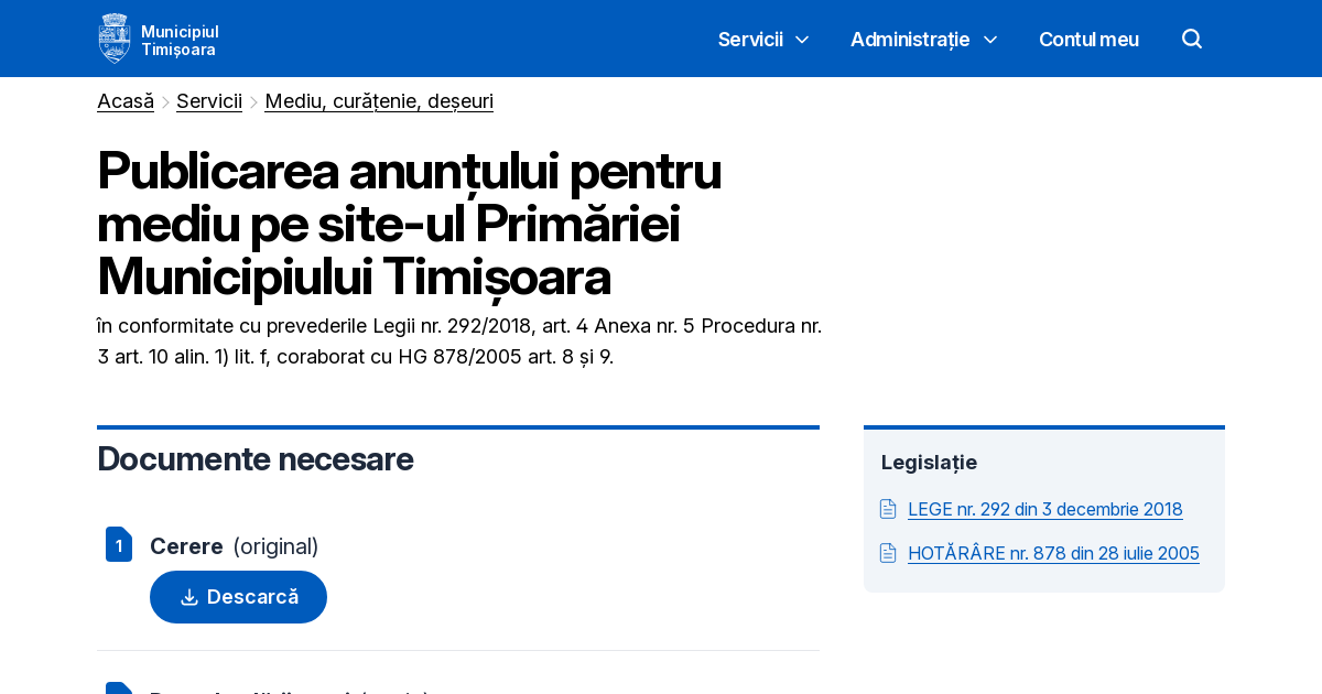 Publicarea anunțului pentru mediu pe site ul Primăriei Municipiului